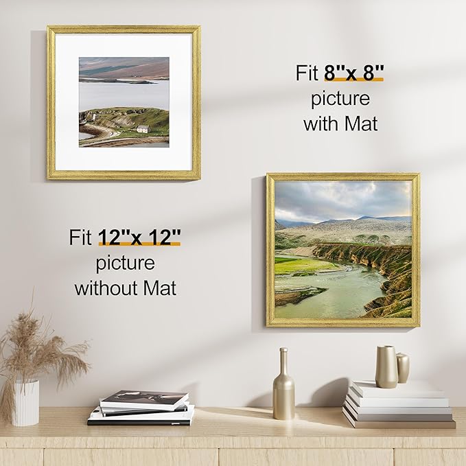 Vittanly 12x12 Picture Frames Set of 2, Ornate Vintage Photo Frame for Wall or Tabletop, Display 8x8 Pictures with Mat or 12x12 without Mat, Rustic Gold