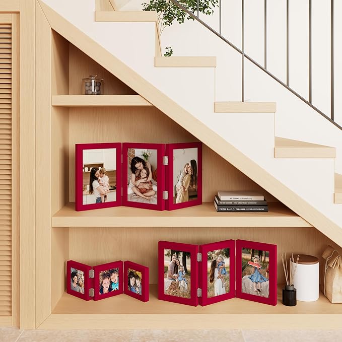 decorUhome Triple 4x4 Picture Frame Vertical, Engineered Wood Trifold Photo Frame with Plexiglass for Tabletop Display, 4x4, Red