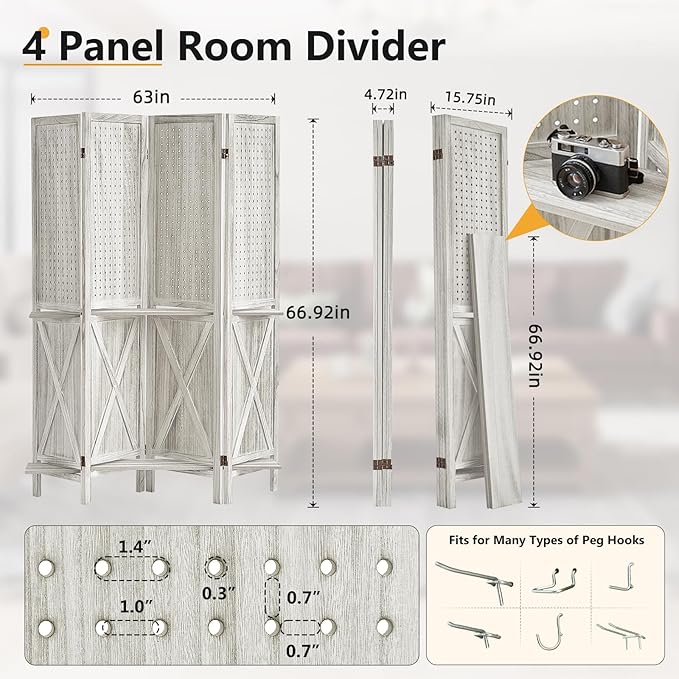 4 Panel Pegboard Display with 16 Hooks, Wooden Pegboard Room Divider Wall with Shelf, Partition Room Dividers and Folding Privacy Screens, Bedroom, Jewelry Store, White