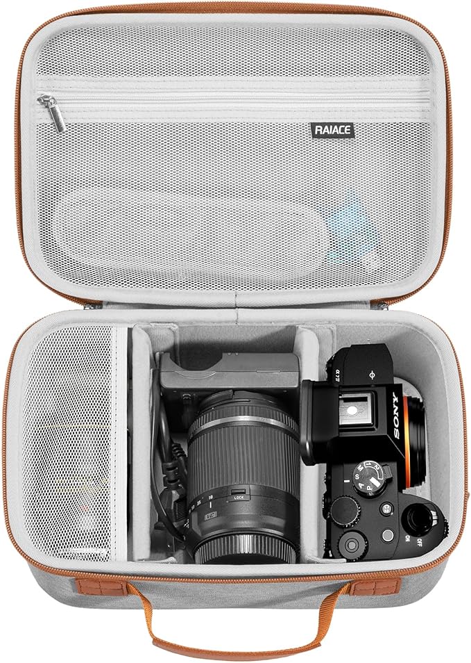 RAIACE Hard Case Compatible with Sony Alpha 7 II III IV/7R V Camera, for Nikon, for Canon, for Pentax and More. Large Capacity With Mesh Pocket for Lens, Charger, Cables, Cards and Accessories.-Gray