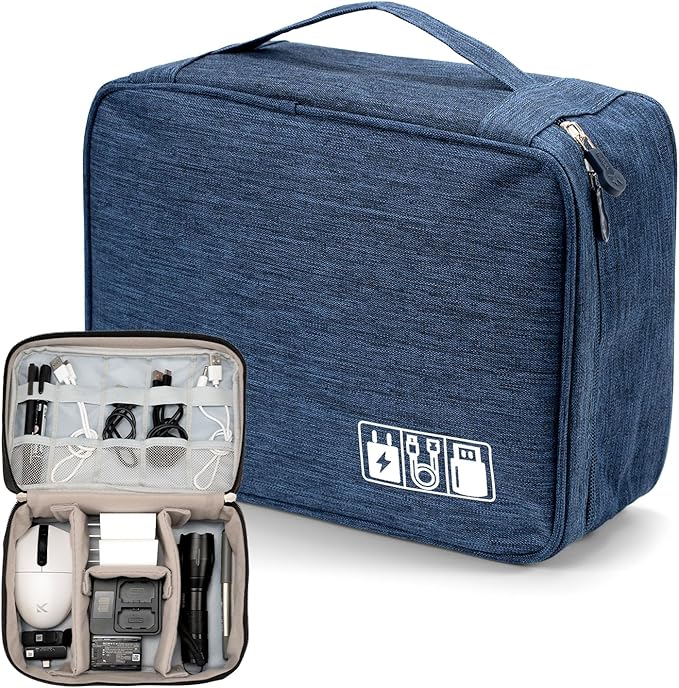Cable Organizer bag for women or men,Electronic Accessories Carry Case Portable Waterproof Double Layers All-in-One Storage Bag for Cord, Charger, Phone, Earphone (Navy blue)