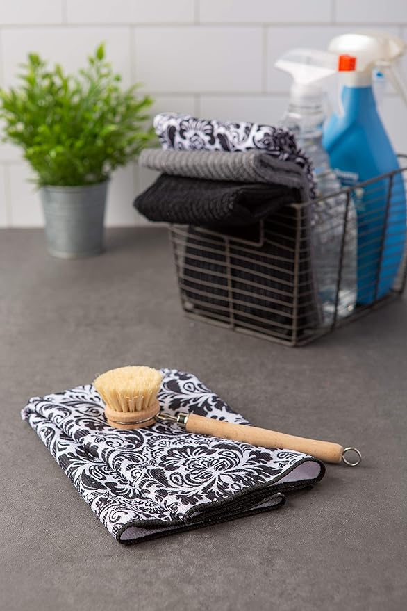 DII Cleaning Collection Multi-Purpose Microfiber, Black Damask, Dishtowel Set