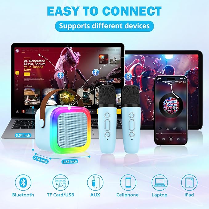 Mini Karaoke Machine for Kids Adults, Portable Bluetooth Speaker with 2 Wireless Microphones,Toys Birthday Gifts for Girls Ages 4, 5, 6, 7, 8,9,10,11,12+ Family Home Party (Blue)