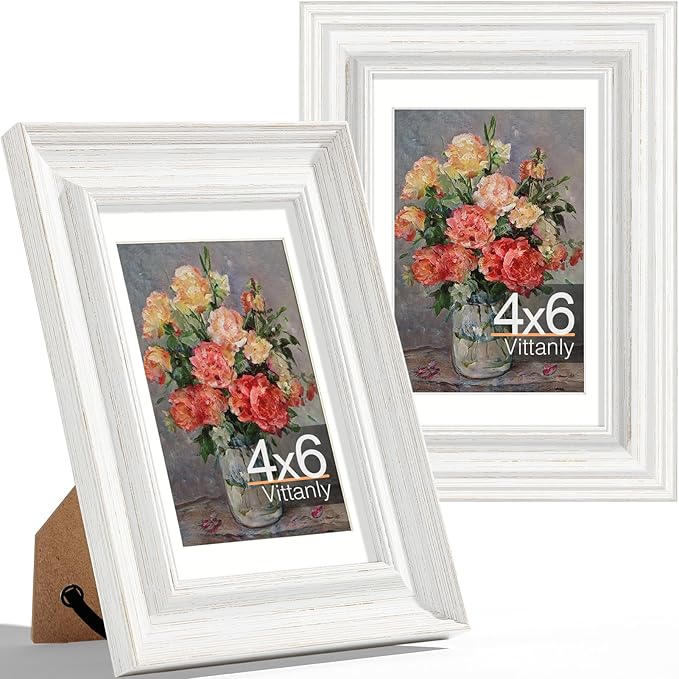 Vittanly 4x6 Picture Frames Set of 2, Ornate Vintage Photo Frame for Wall or Tabletop, Display 3.5x5 Pictures with Mat or 4x6 without Mat, Rustic White
