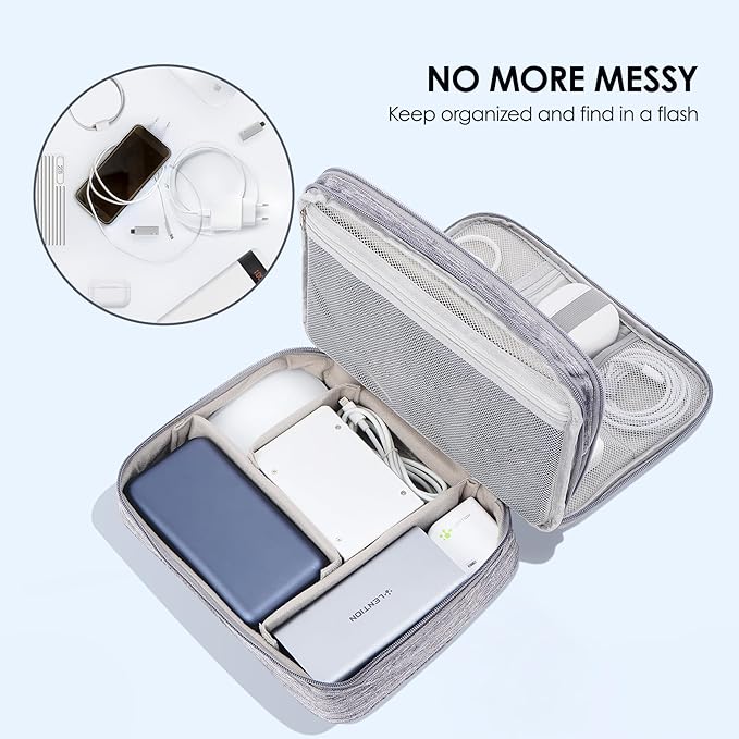 LENTION Waterproof Electronics Organizer Bag, Travel Storage Case with DIY Dividers for Cords, Charger, Power Bank, Earphones – Compact, Durable, Shockproof & Lightweight (Grey)