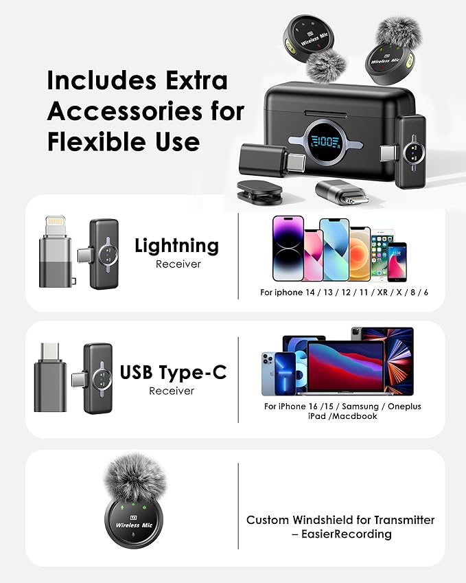 Wireless Lavalier Microphone for iPhone/Android, Professional Microphone with Custom Wind Muff, Noise Cancellation, Includes Type-C/Lightning Connectors, 300ft Range for Recording, Streaming