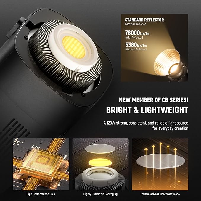 NEEWER CB120B 120W LED Video Light with 2.4G&APP Control COB Bi Color 2700K-6500K 78000lux at 1m/CCT Mode/CRI97/12 Scenes/Bowens Mount Continuous Output Lighting for Studio Photography/Video Recording