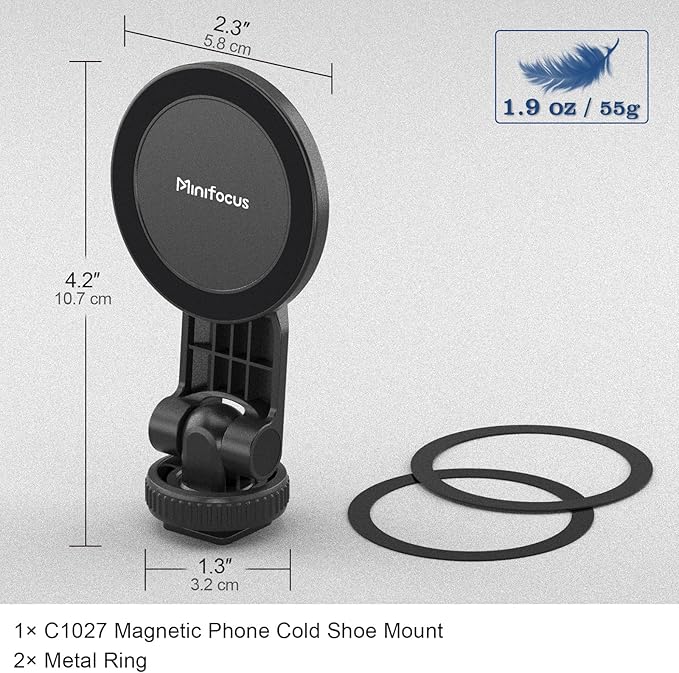 MINIFOCUS Magnetic Phone Tripod Mount for Magsafe, Hot Shoe Camera Adapter with 1/4" Threaded, Cold Shoe Phone Holder for Camera, Compatible with iPhone 17/16/15/14/13 Series