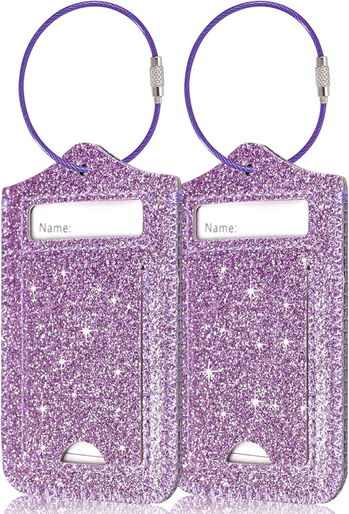ACdream Luggage Tags 2 Pack, Leather Suitcase Tags Identifiers, Cute Cruise ID Labels with Privacy Cover fits on Backpack, Travel Bag, for Women, Men, Adults, Kids, Glitter Purple