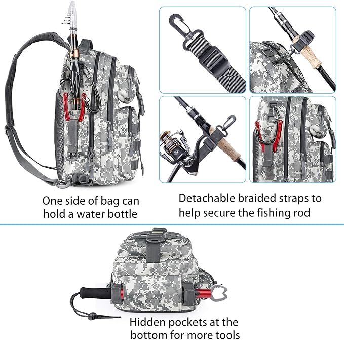 PLUSINNO Fishing Backpack Tackle Bag, Water-Resistant Backpack with Rod Holder, Ideal Shoulder Bag Gifts for Men