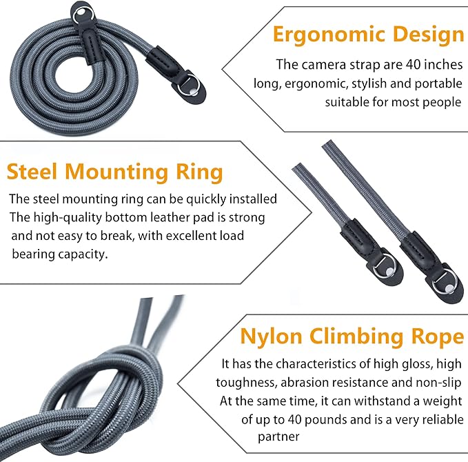 Camera Shoulder Strap Climbing Rope Camera Neck Strap for Mirrorless and DSLR Cameras, with Lens Cap Keeper (Silver)