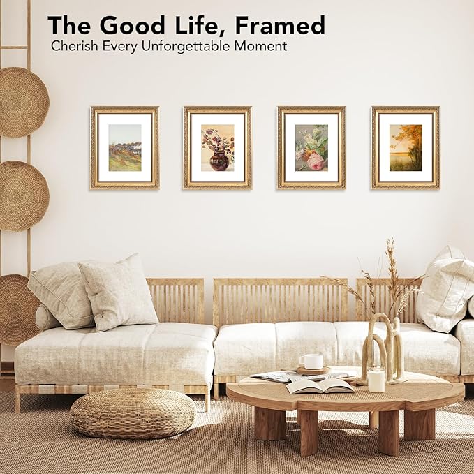 8x10 Vintage Picture Frame with 5x7 Mat Set of 2, Elegant Retro 8 by 10 Photo Frame with Shatter-Resistant Plexiglass for Wall or Tabletop Display, Gallery Decor & Gift, Gold, 2 Pack