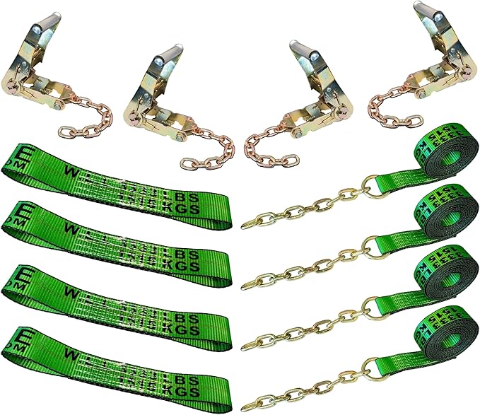 Mega Cargo Control 8 Point Vehicle Tie Down Kit with Ratchet Chain Extensions on Both Ends, Car Hauler Carrier Tow Truck - Set of 4 - Green