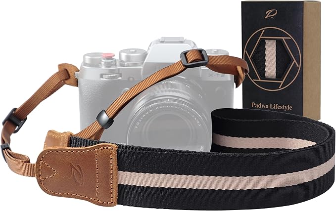 Padwa Lifestyle Black Striped Camera Strap - 1.5" Double Crazy Horse Cowhide Head Cotton Camera Straps,Adjustable Neck Shoulder Universal Woven Straps for All DSLR Cameras and Photographers Gift