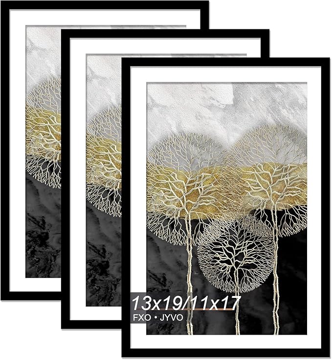 13x19 Picture Frame Set of 3, Display Poster 11x17 with Mat or 13 x 19 Without Mat, Light Weight and High Transparent 13 by 19 Frame for Wall - 3 Pack/Black/13 x19