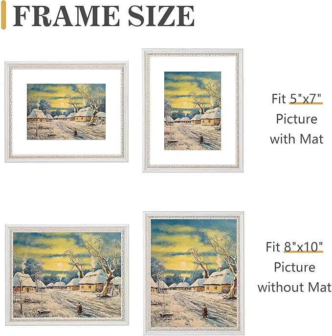 VIOLABBEY 8x10 White Gold Picture Frame, Display 5x7 Photo with Mat or 8x10 without Mat, Ornate Vintage 8 x 10 White Gold Frame for Wall Decor or Tabletop Display
