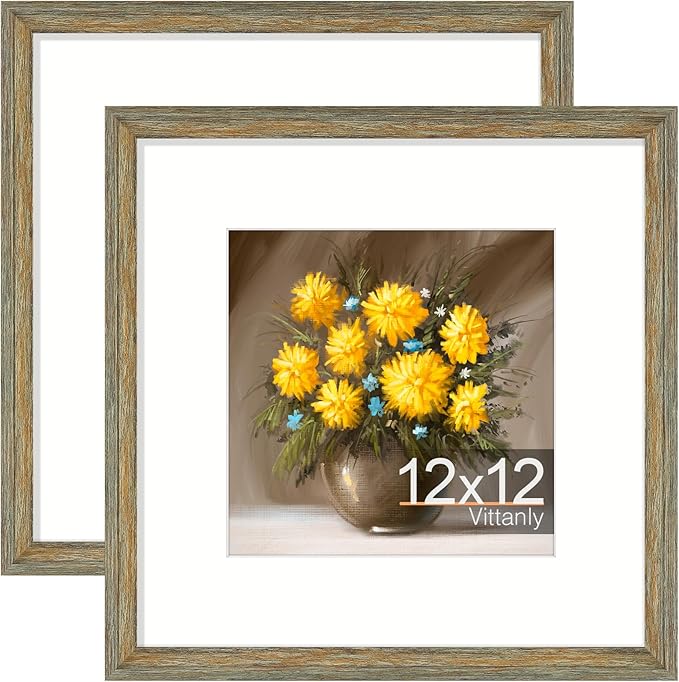 Vittanly 12x12 Picture Frames Set of 2, Ornate Vintage Photo Frame for Wall or Tabletop, Display 8x8 Pictures with Mat or 12x12 without Mat, Vintage Green