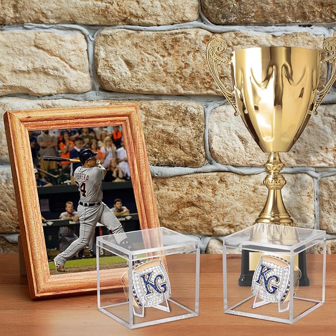 4 Pack Championship Ring Display Case Clear Acrylic Ring Case Display Box for Sports Baseball Softball Football Basketball Single Ring Coin Holder Stand, 2.16 Inch