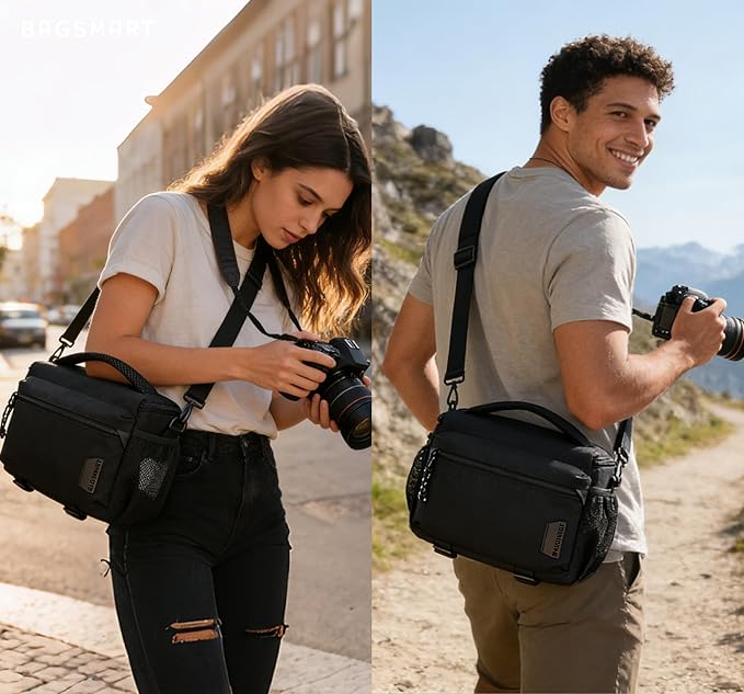 BAGSMART Small Camera Sling Bag for Photographers, Compact Camera Shoulder Bags for DSLR/SLR/Mirrorless Cameras, Waterproof Crossbody Camera Case with Tripod Holder, Black