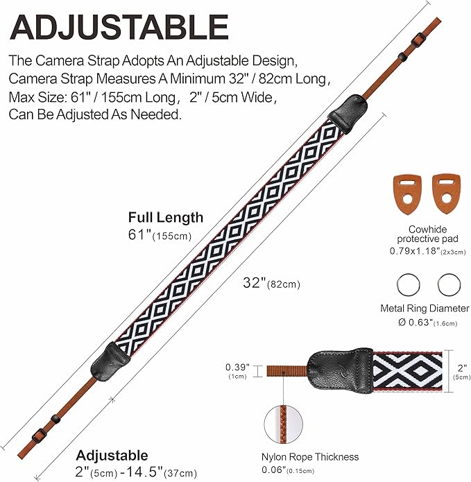 Padwa Lifestyle Camera Strap - 2" Cowhide Head Camera Straps for Photographers,Vintage Jacquard Embroidery Woven Cotton Adjustable Shoulder Neck Straps for All DSLR Cameras(Black White Rhombus)