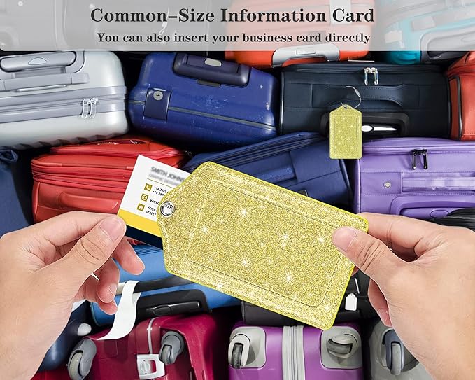 (Set of 2) Luggage Tag Leather Privacy Cover ID Label Address Card with Stainless Steel Loop, Travel Bag Tags Suitcase Labels, Glitter Gold