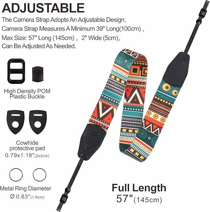 Padwa Lifestyle Bohemian Camera Strap - 2" Wide Genuine Leather Ends Camera Straps for Photographers, Vintage Boho Print Nylon Weave Strap with Camera Quick Release fits All Cameras