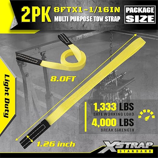 XSTRAP STANDARD 2PK 1''x 8FT Lift Sling Web Strap/Wear Guard End, Heavy Duty Flat Eye Lifting Sling with 2 Reinforced Loops for Tree Saver Lifting Furniture Appliances Machine