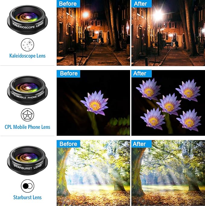 Phone Camera Lens, 9 in 1 Lens Kit, Zoom Lens, 0.36X Wide Angle Lens, 0.63X Wide Lens, 15X Macro Lens, 20X Macro Lens, Fisheye Lens, CPL and Starburst Lens Telephoto Lens for Smartphone
