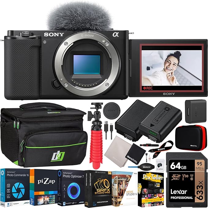 Sony ZV-E10 Mirrorless Alpha APS-C Interchangeable Lens Vlog Camera (Body, Black) ILCZV-E10/B Bundle with Deco Gear Photography Case + Extra Battery + Photo Video Software & Accessories Kit