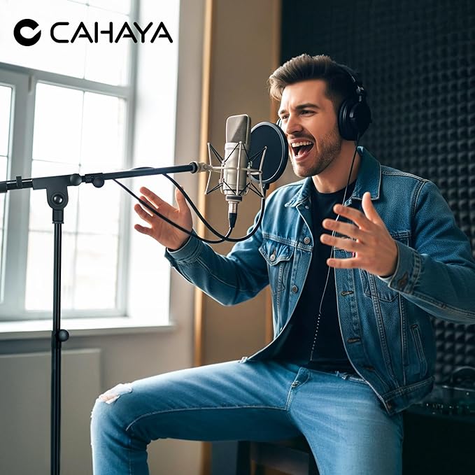 CAHAYA Mic Stand Floor Adjustable - Tripod Boom Arm Microphone Stand with Carrying Bag 2 Mic Clips 3/8" to 5/8" Adapter for Singing Podcast Compatible with Blue Yeti Shure SM58 SM48 Fifine K669B