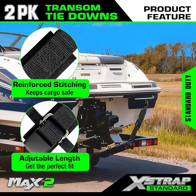 XSTRAP STANDARD 2PK 2''x 4' Adjustable Tie-Down Wide Webbing Rated Capacity: 1200 lb Moving Straps Tie Downs Marine Boat Strap Trailer with Hooks Prevent Corrosion Yet Easy