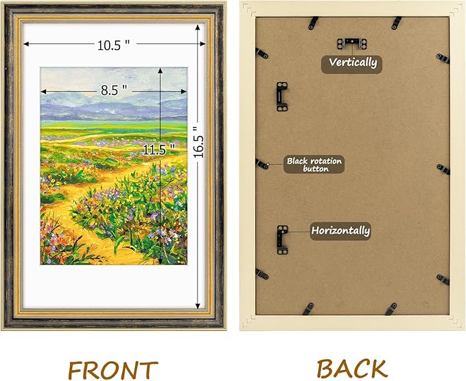 Golden State Art,11x17 Ornate Picture Frame for 9x12 Photo With Mat or 11 x 17 Prints Without Mat, Real Glass Wall Display Horizontally or Vertically (Color:Black Gold)