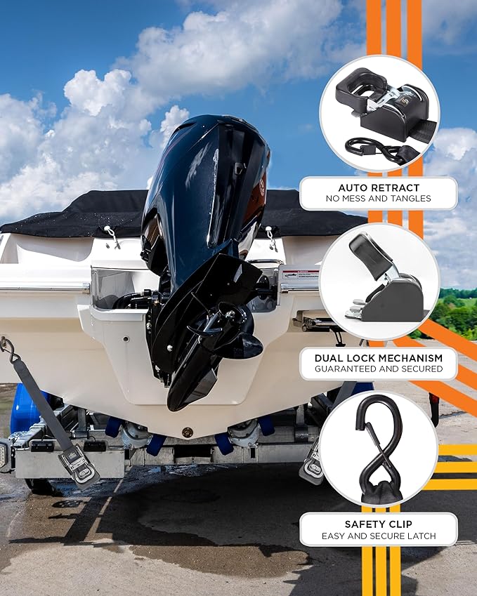 Strapinno 2PCS Retractable Ratchet Straps (1 7/8 in x 4 ft) Heavy Duty Transom Tie Downs for Boat, PWC Trailer - Extra Mounting Brackets & Bolt Set,Safety Latch S-Hook,Break Strength 2,600LBS/1,180KG