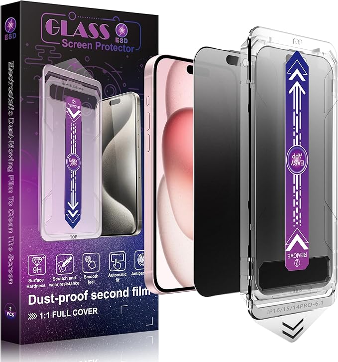 SHANG PIN JIA 2 Pack Matte Privacy Screen Protector for iPhone 16/15/14 Pro 6.1-Inch Auto Dust Removal, No Bubbles, Anti-Spy Tempered Glass Film, Easy Installation