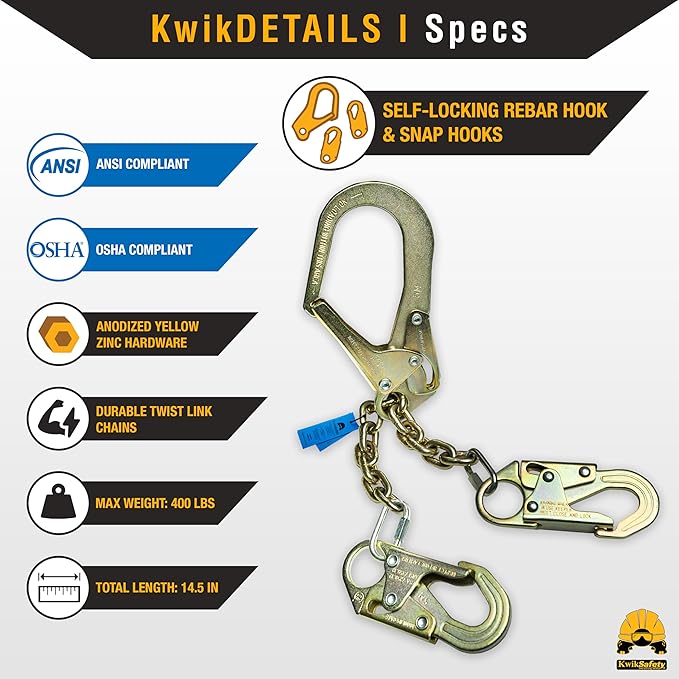 KwikSafety - Charlotte, NC - REBAR Romeo 29" Steel Rebar Chain Assembly [SELF-Locking Hooks] ANSI OSHA Lightweight Positioning Lanyard/Double Snap Hooks, Rebar Hook, Heat-Treated Twist Chain