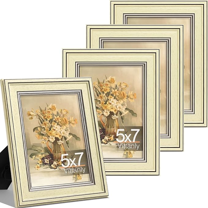 Vittanly 5x7 Picture Frame Set of 4, Vintage Photo Frame for Wall or Tabletop, Display 5x7 Pictures, Rustic Farmhouse Home Decor, Beige