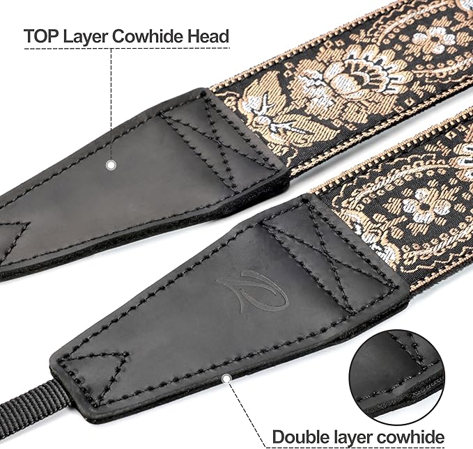 Padwa Lifestyle Camera Strap - 2" Full Grain Leather Ends Camera Straps for Photographers, Vintage Embroidered Cotton Weave Soft Suede Fabric Padded Strap Quick Release fits All Cameras