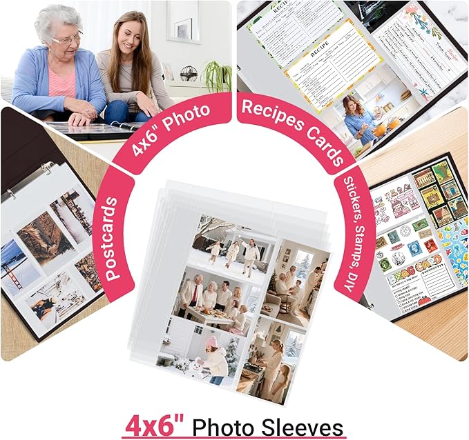Oversized Photo Album Refill Pages 12x12, Mixed 4x6 Photo Sleeves for 3 Ring Binder, D-Ring Scrapbook Album, Wedding Family Anniversary Baby Travel Book, 20 Acid-Free Page Protectors with 200 Pictures