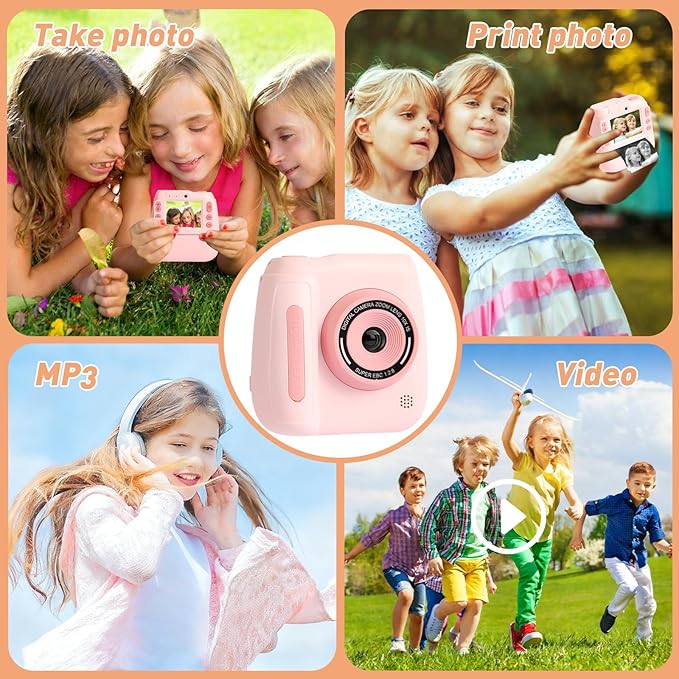 Kids Instant Print Camera with Thermal Printer – Pink Mini Digital Camera for Girls Boys Ages 3-12, USB Rechargeable, Fun DIY Stickers, Selfie Mode – Toy for Christmas Holiday Birthday Gifts (Pink)