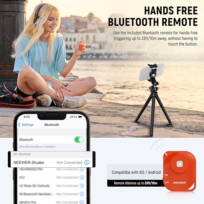 NEEWER Camera Tripod with Remote, Mini Flexible Vlog Phone Tripod Stand with Action Camera Mount Adapter, Hidden Phone Holder & Cold Shoe Compatible with iPhone Hero13 12 11 10 9, Max Load 4.4lb, TP34