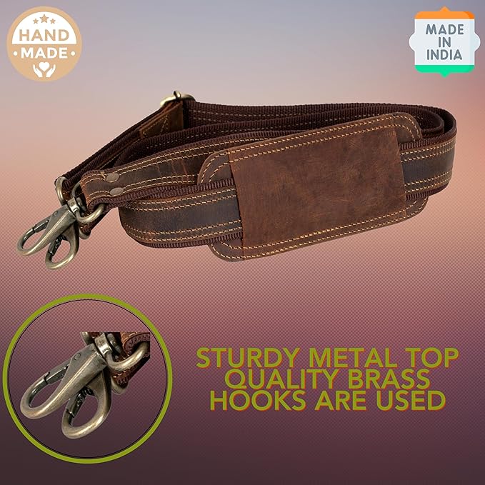Bag Strap Replacement - Genuine Leather 57" Adjustable Shoulder Strap for Messenger, Laptop, Camera, Travel Bags