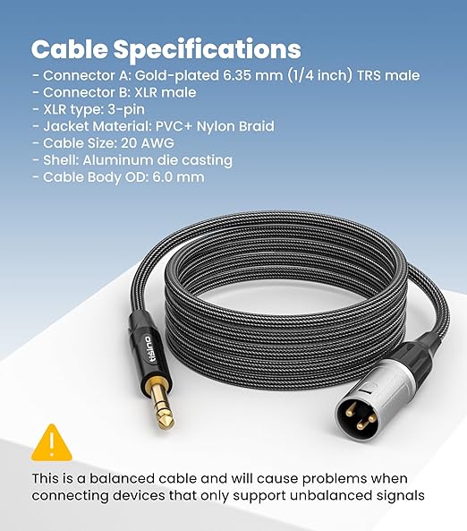 Tisino 1/4" to XLR Cable, 6.35mm TRS to XLR Male Nylon Braid Quarter inch TRS to XLR Male Balanced Interconnect Microphone Cord Patch Cable - 3.3ft