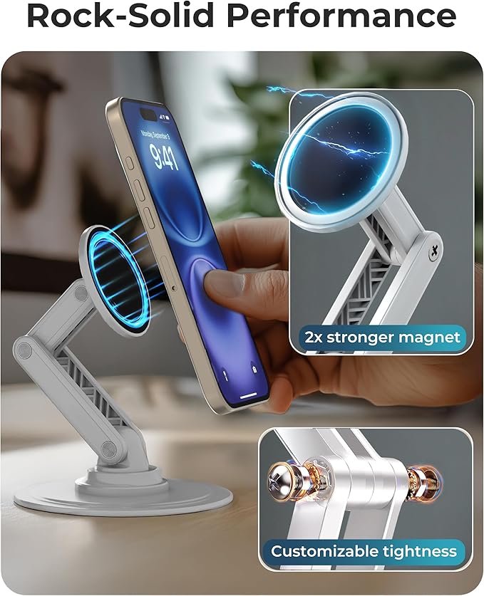 COOPER Mag360, Desktop MagSafe Stand for iPhone 17 Pro Max (16/15/14/13/12), Magnetic Phone Holder for Desk, 360° Rotating, Height Adjustable, Magnetic Phone Stand for Desk, with Metal Ring (White)