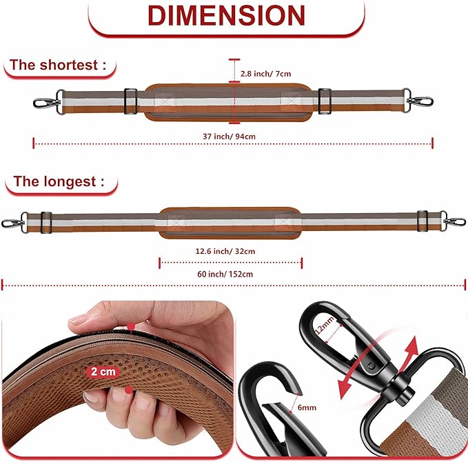 ZINZ 60" Universal Bag Strap with Ultra-Thick Fixed Breathable Pad Adjustable Heavy-Duty Shoulder Strap for Laptop Crossbody Luggage Gym Camera Bag and More -TW01B07