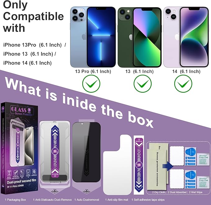 CHISHA 2-Pack Privacy Screen Protector for iPhone 14 and iPhone 13 and iPhone 13 Pro 6.1-Inch, Auto Dust Removal, No Bubbles,Anti-Spy Tempered Glass Film, Easy Installation