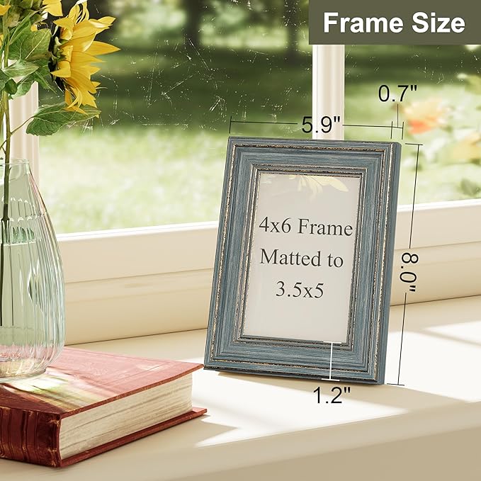 Vittanly 4x6 Picture Frame Set of 4, Vintage Photo Frame for Wall or Tabletop, Display 4x6 Pictures, Rustic Farmhouse Home Decor, Vintage Blue