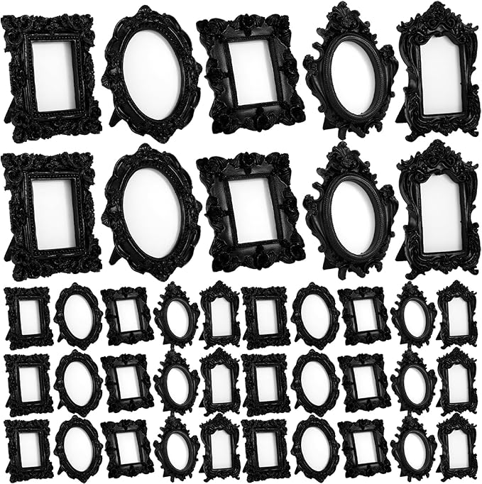 Maitys 40 Pcs Mini Picture Vintage Frames with Stands Tiny Antique Photo Baroque Ornate Resin Oval Frame Table Top Display Home Wedding Decor (Black)