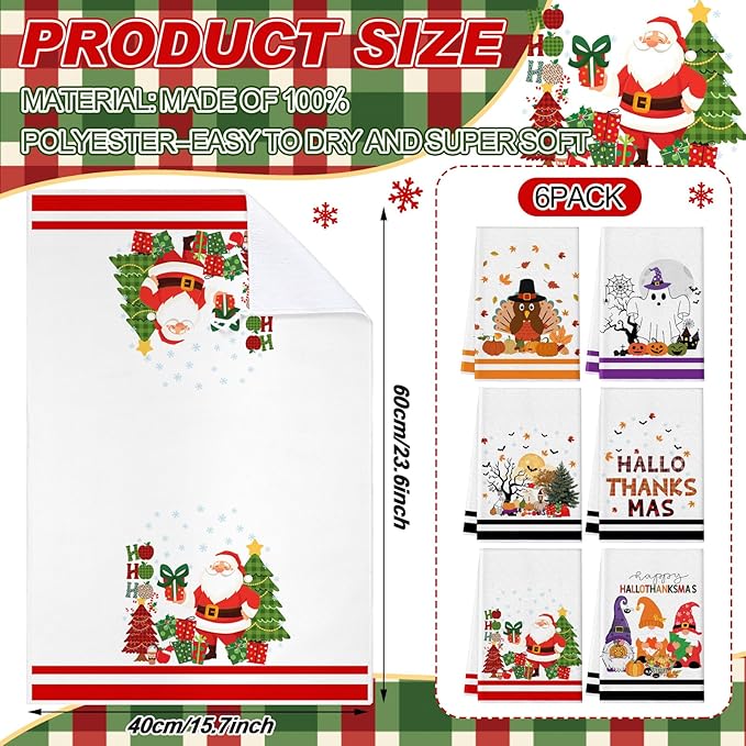 Preboun 6 Pcs Holiday Kitchen Towels Halloween Thanksgiving Christmas Hand Towels Hallothanksmas Bathroom Cloth Decorative Colorful Cute Gifts Dish Cloth Farmhouse Kitchen Accessories Decor