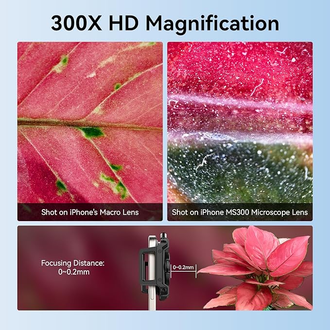 APEXEL 300X Phone Microscope Lens, Phone Camera Micro Lens with Universal Clip/LED Light/CPL, Mini Pocket Microscope, Phone Lens Attachment Fit for iPhone 17/16/15/14/13, Samsung, and Most Smartphone