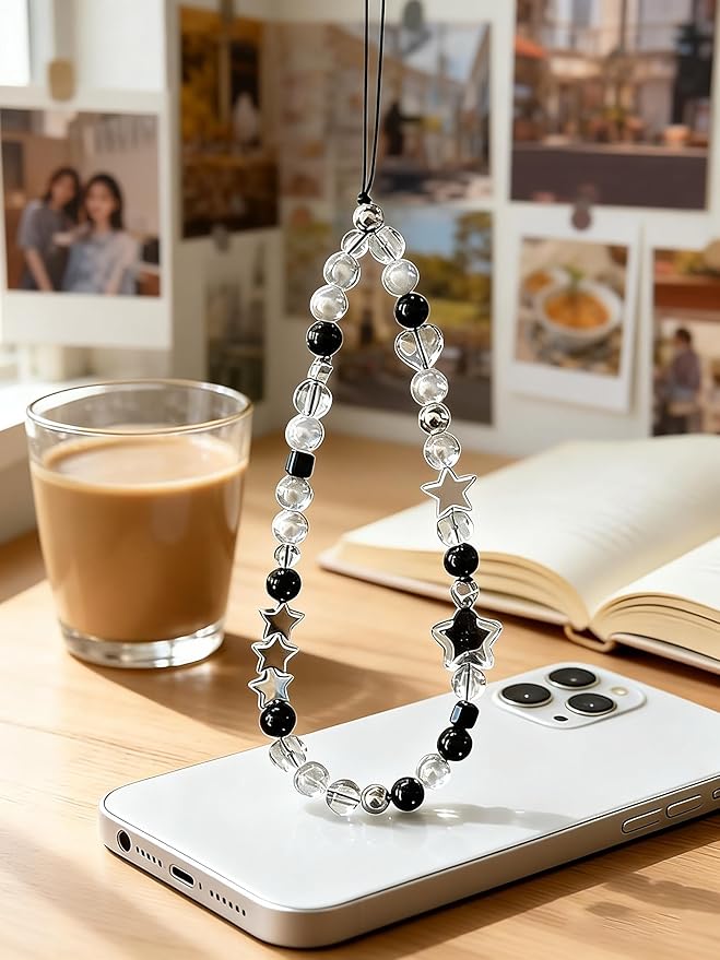 2 Pcs Phone Charm Strap Hand for iPhone Wrist Strap Camera Lanyard Pearl Beaded Cute Chain String Accessories Universal for iPhone 17 Pro Max 16 15 Samsung Women Girls Keychain Silver and Black Star